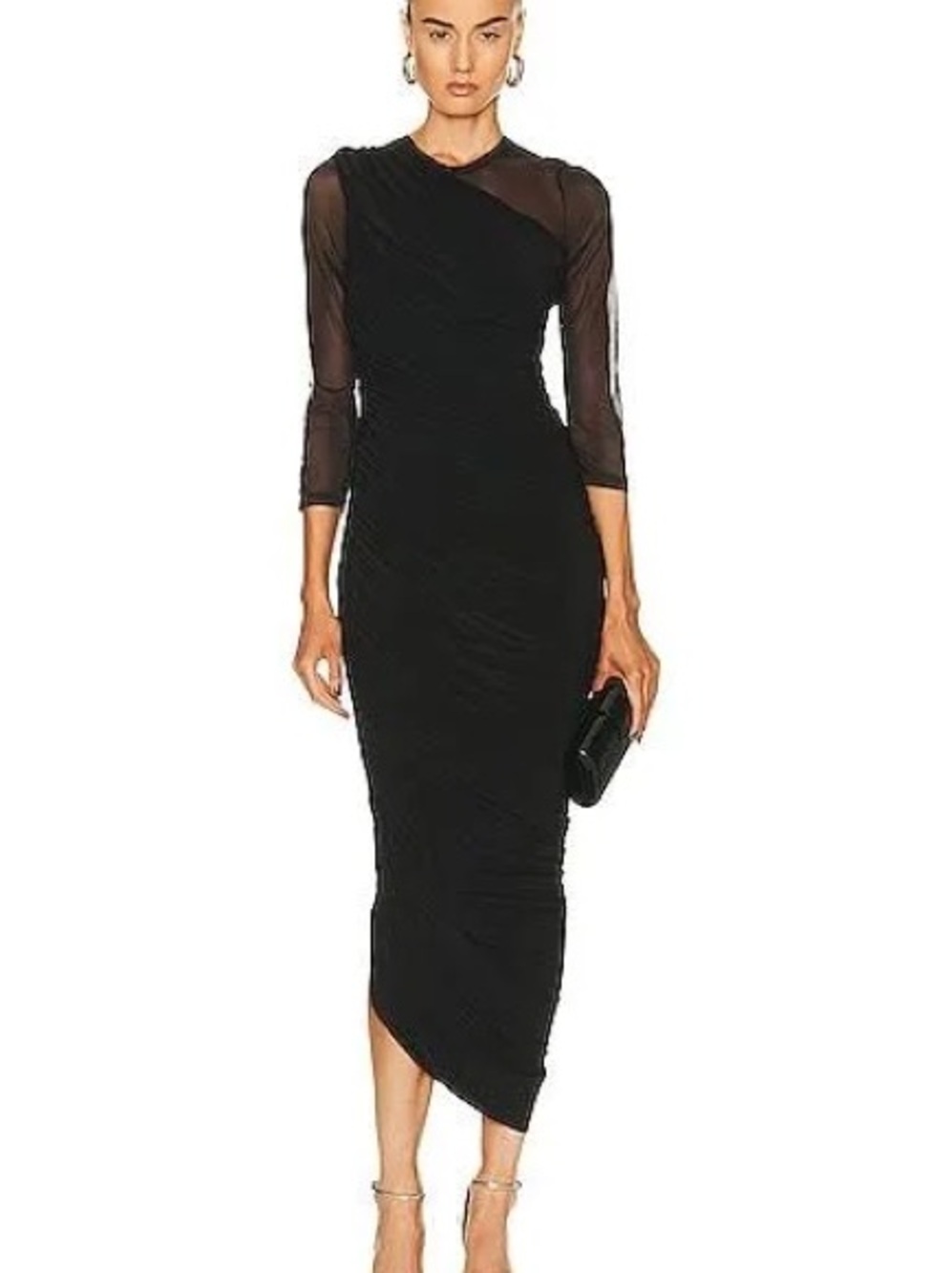 Norma Kamali Black Sheer-Sleeve Asymmetric Midi Dress